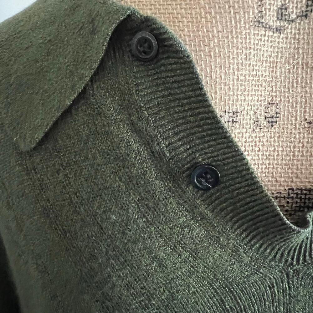 Vintage 90s Olive Button Collar Sweater Mens L Polo Cozy Minimalist - Picture 8 of 17